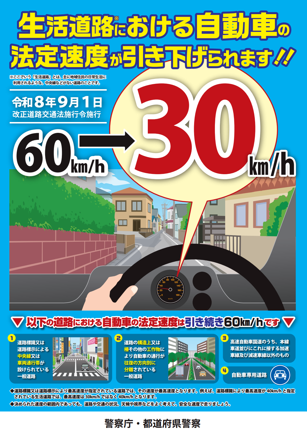 生活道路における法定速度の引き下げのポスター
