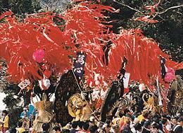 ワラで編んだ三角錐の胴体、青竹に飾られた赤紙が風にひらめき、干支にちなんだ作り物が豪華な数基の山車を担ぐ沢山の人々の写真