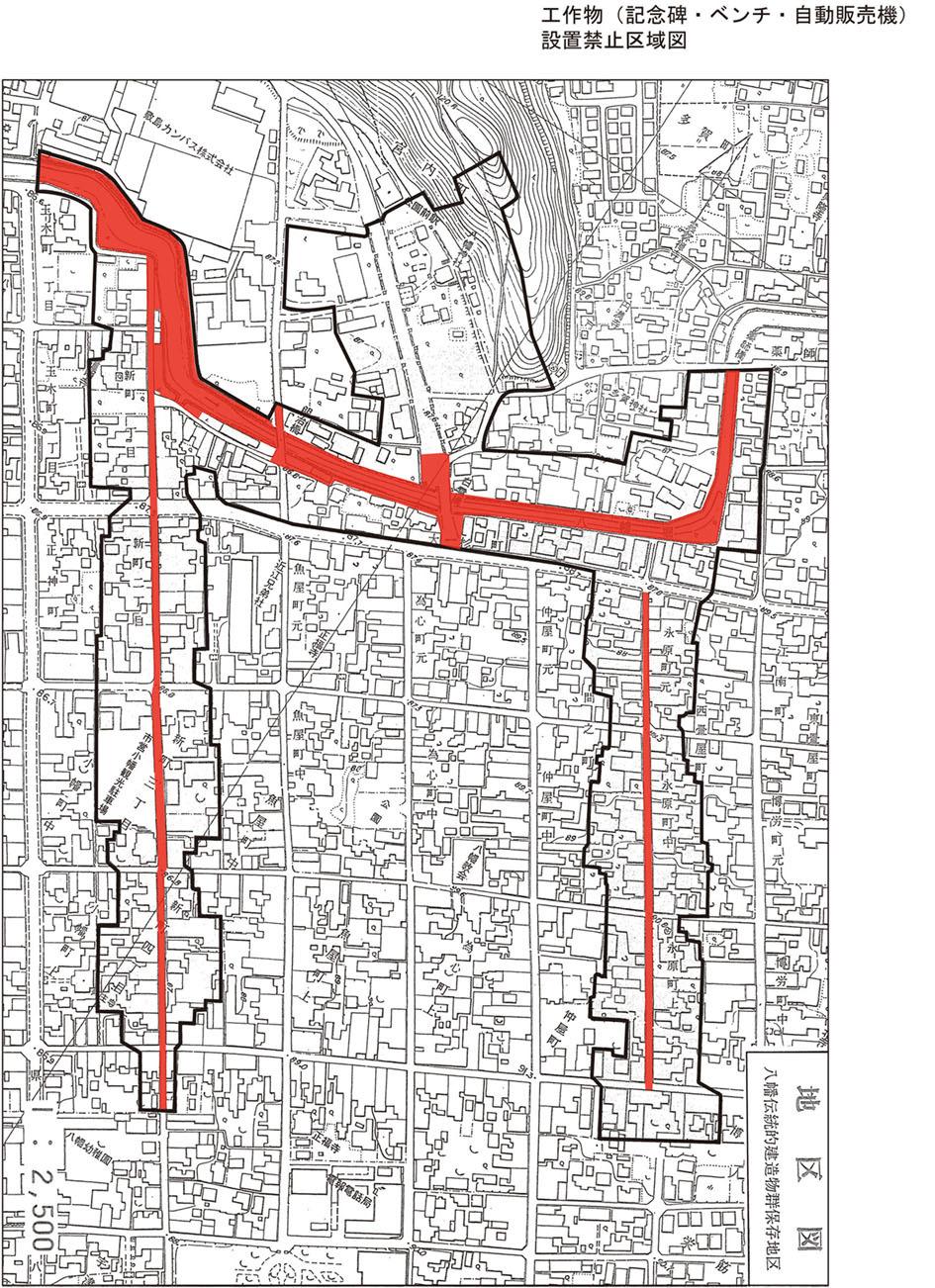 工作物(記念碑・ベンチ・自動販売機設置禁止区域図)黒枠線と赤い範囲図で示された白地図