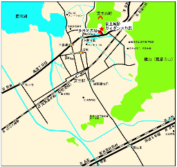 安土駅を中心として国道や鉄道、安土城跡ガイダンス施設、安土城跡、多目的広場を示したイラスト地図