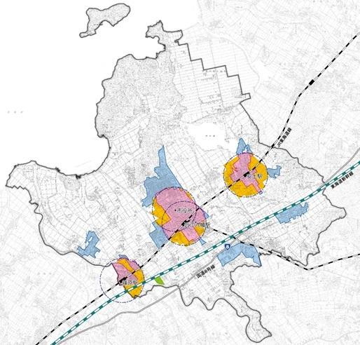 半径1キロメートル円のエリアや、地区を色分けで示した近江八幡市低炭素まちづくり計画区域の白地図
