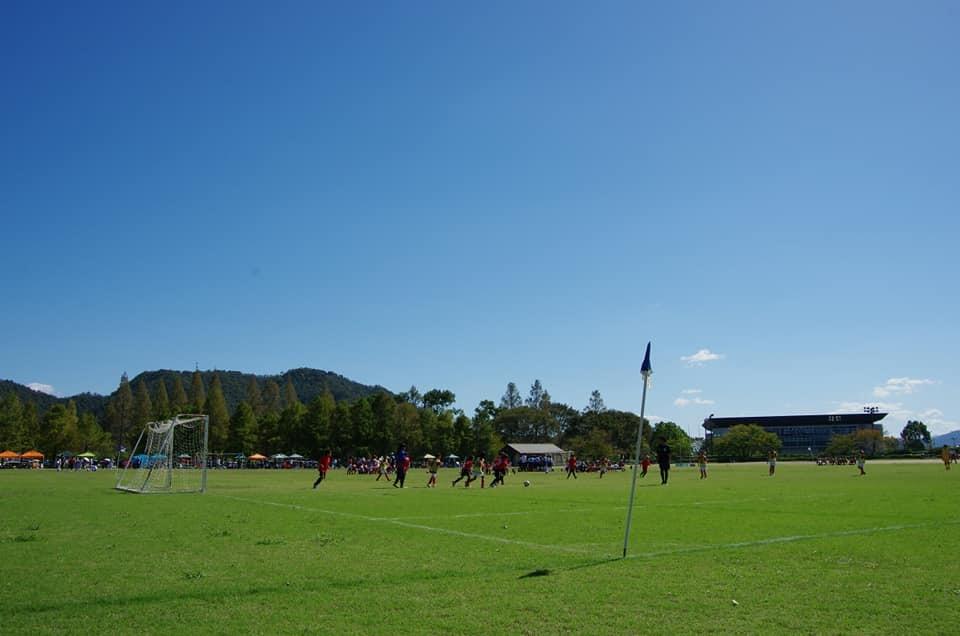 スポーツ少年団：晴天のなか芝生のうえでサッカーをしている様子を遠くから撮影した写真