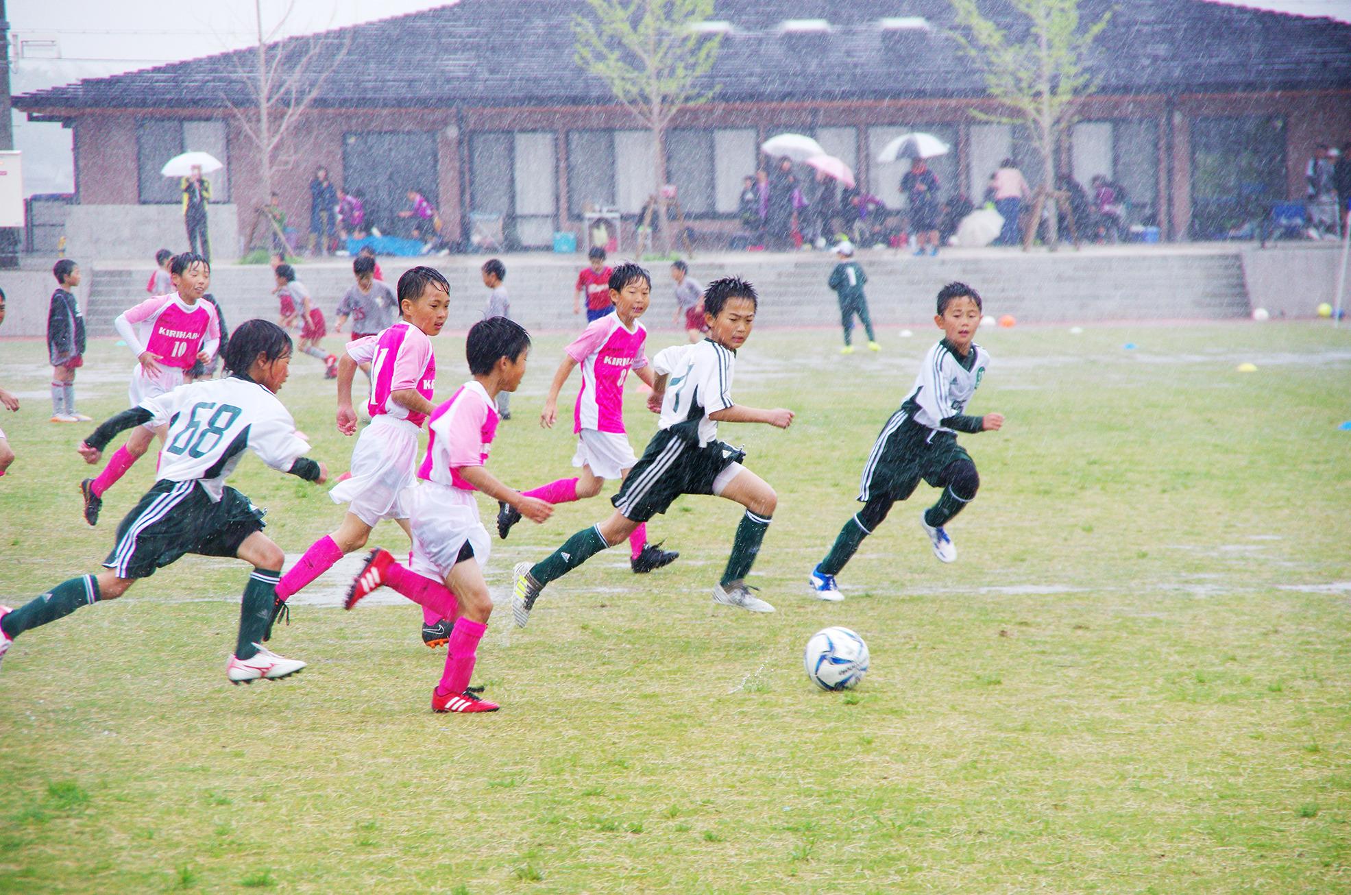 第15回若葉カップ：ピンクのユニフォームと白黒のユニフォームを着た子供たちがサッカーをしている写真