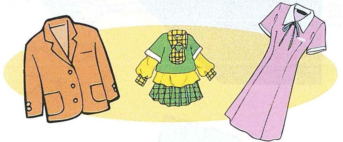 オレンジ色のジャケットと黄色のチェックの襟と緑のチェックのスカートがポイントの子供用ワンピースとピンクの大人用ワンピースのイラスト