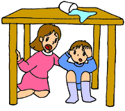 テーブルの下に隠れている女性と男の子のイラスト
