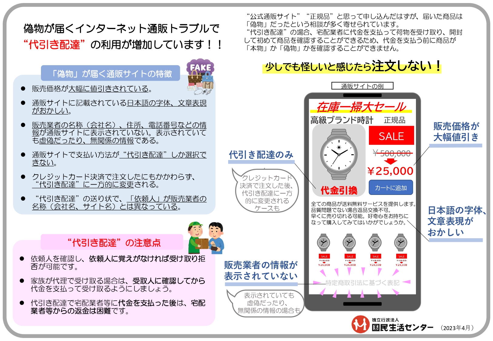 偽物が届くインターネット通販トラブルで代引き配達の利用が増加！(独立行政法人国民生活センター)