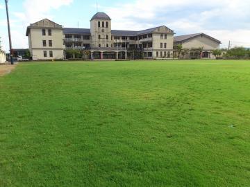 馬淵小学校の芝生の校庭から校舎を望む写真