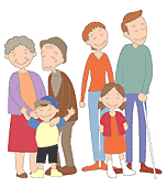 おじいちゃん、おばあちゃん、男の子、女の子、男性、女性が笑顔で立っているイラスト