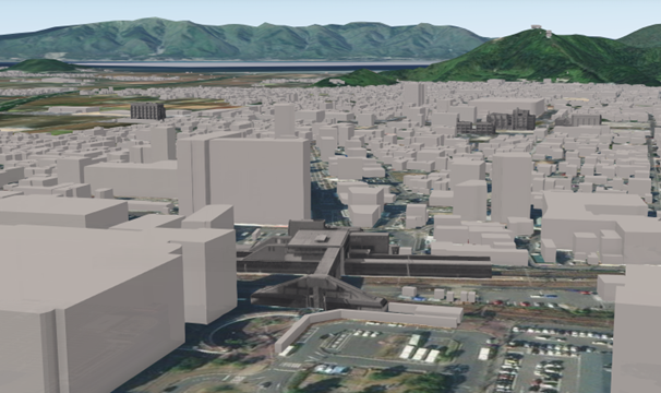 近江八幡駅北口から見た近江八幡市3Dマップ