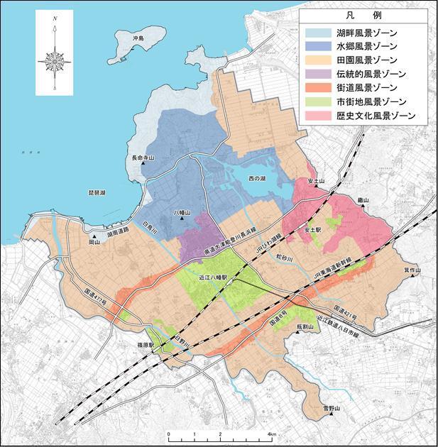 景観法に基づいた近江八幡市風景計画により、近江八幡市を地域ごとに色分けした地図