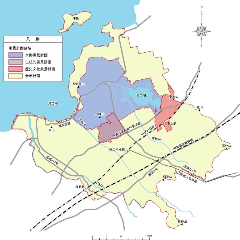景観法に基づいた近江八幡市風景計画により、近江八幡市を地区ごとに色分けした地図