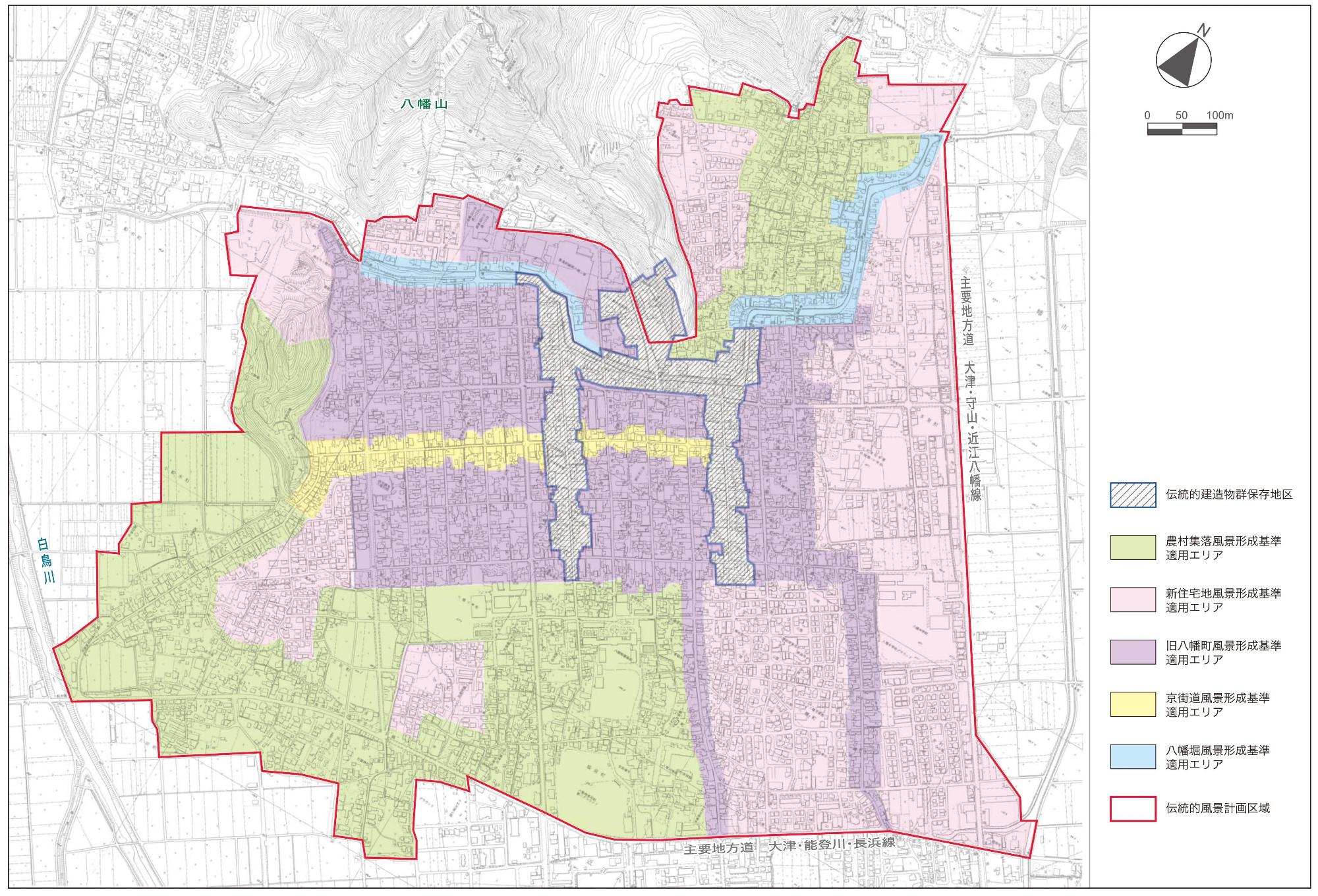 景観法に基づいた伝統的風景計画により、近江八幡市を地区ごとに色分けした地図