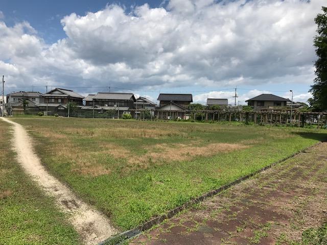 住宅地の中の、芝生が青々と茂っている末広公園の写真