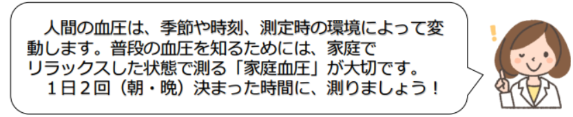 血圧は気温差などで変動します。普段の血圧を知るためには家庭血圧が大切です。リラックスした状態で朝晩2回家庭血圧を測定しましょう。